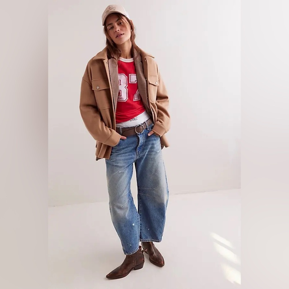 NWOT We the Free People Lola Faux Wool Cozy Oversized Shirt Jacket Camel Sz M